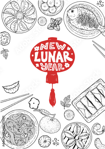 Foods of Chinese Lunar New Year frame. Hand drawn vector illustration. Chinese Food sketch. Holiday menu. Food design template.