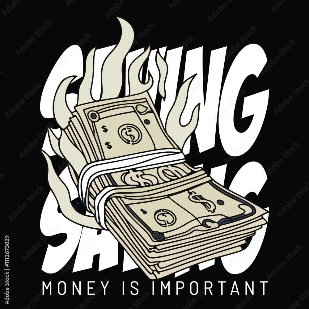 Fototapeta premium money slogan with torn banknote vector illustration on black background. vector graphic, typographic poster or t shirts, typography illustration of Streetwear t shirt design,