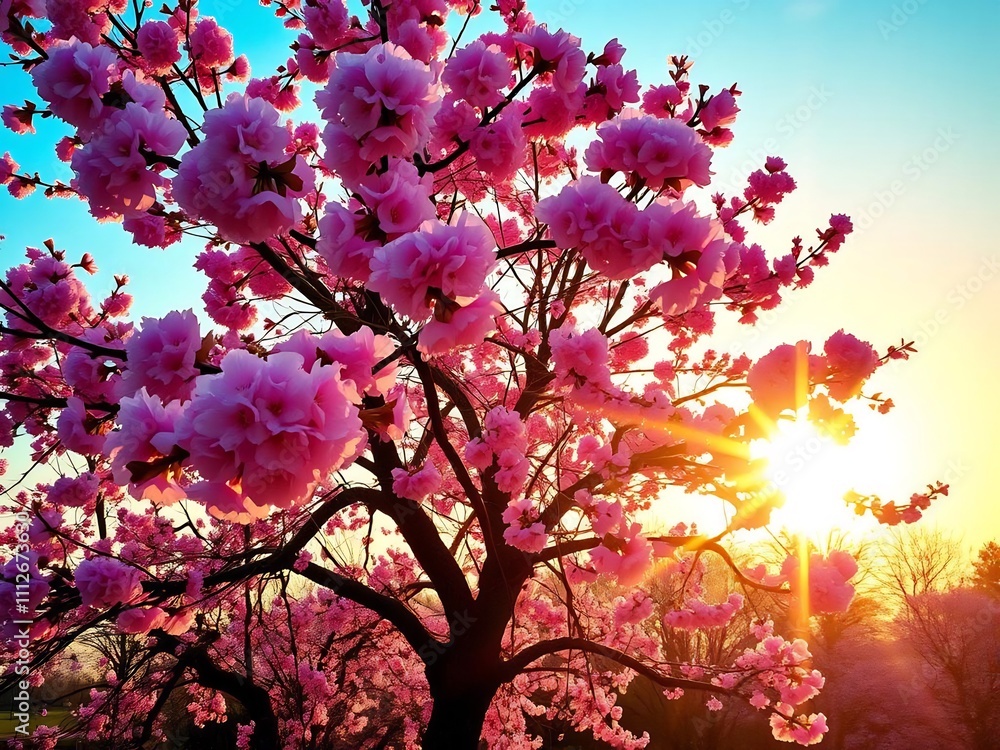 Vibrant pink blossoms on tree at sunset. Vibrant pink blossoms on tree at sunset.