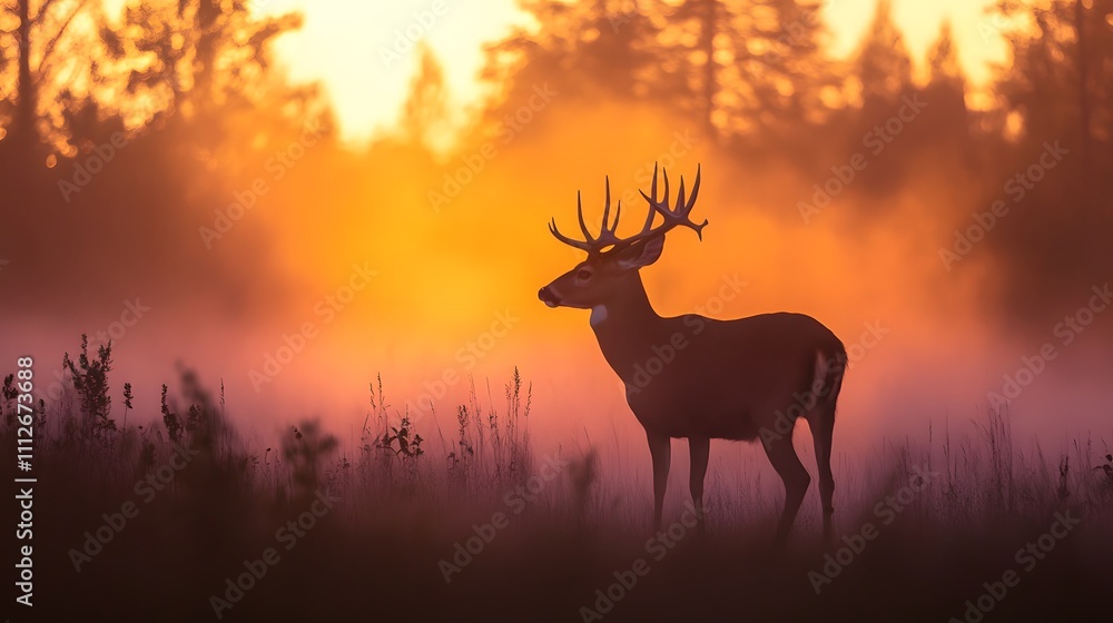 Majestic Standing Deer Silhouetted Against a Vibrant Sunset with Misty Background in a Forest Landscape, Nature's Beauty and Serenity Captured in Twilight Majestic Standing Deer Silhouetted Against a Vibrant Sunset with Misty Background in a Forest Landscape, Nature's Beauty and Serenity Captured in Twilight