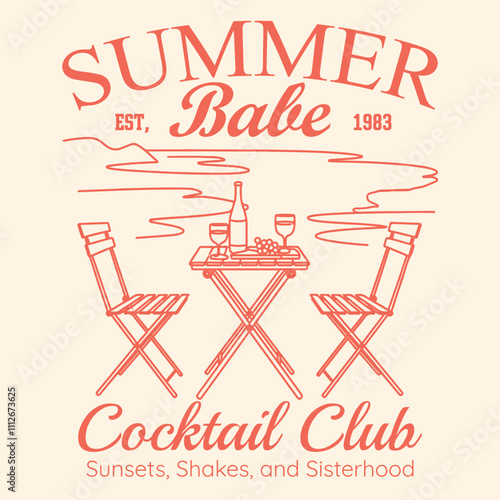 Summer Babe Cocktail Club, Vintage Summer Cocktail T shirt Design, summer vibes hand draw, summer beach slogan with beach illustration, Party poster design. Drinks, Cocktails,