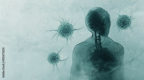 Transparent human silhouette revealing internal conflict, ghostly immune cells swirling in chaotic patterns, illustration photo