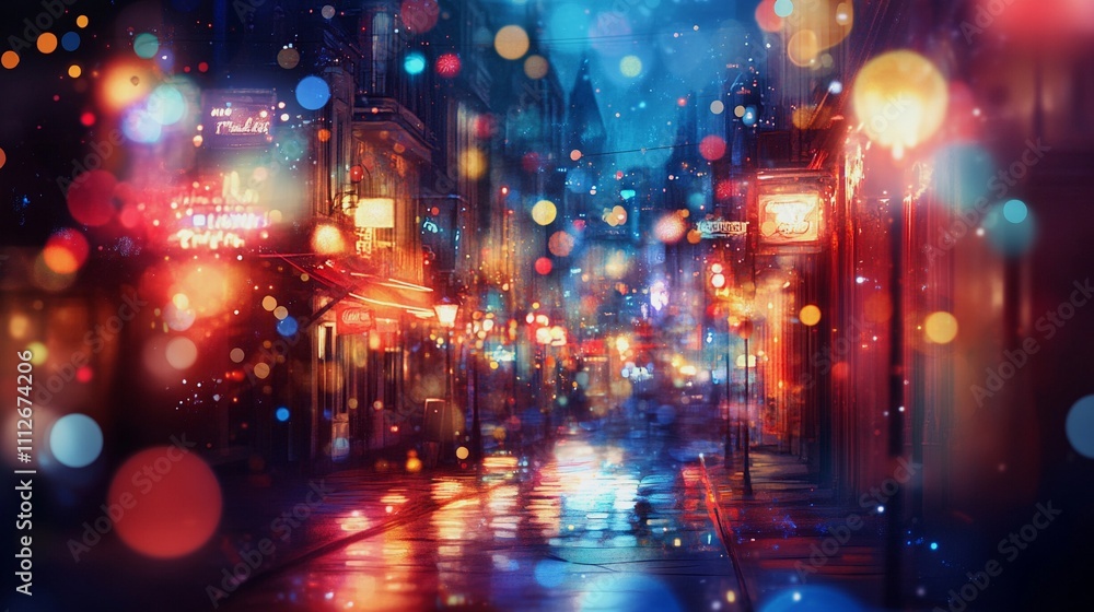 Obraz premium Blurred city street at night with lights and buildings, blurred bokeh effect, blurred background, blurred foreground, blurred cityscape, blurred urban scene