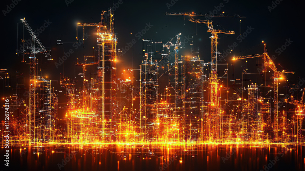 Skyscraper construction phases visualized with glowing elements, showcasing urban development Skyscraper construction phases visualized with glowing elements, showcasing urban development