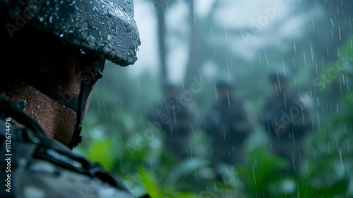 Military security checkpoint concept. soldier in rain soaked jungle observes military checkpoint photo