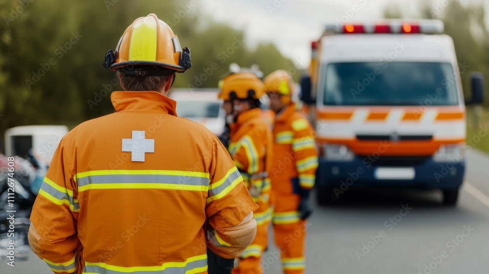 Obraz premium Emergency team in action, attending to an accident. Ambulance on standby