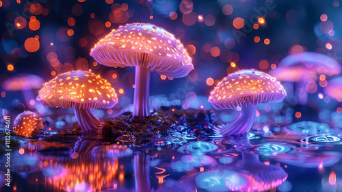 Mystical glowing mushrooms illuminate a fantasy landscape, surrounded by an enchanting bokeh effect photo