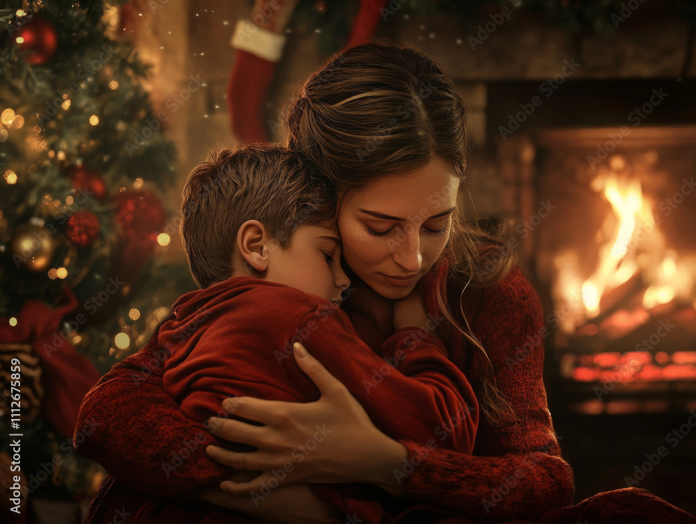 illustration of a son and mother hugging in a Christmas atmosphere, the illustration is painted with paint illustration of a son and mother hugging in a Christmas atmosphere, the illustration is painted with paint