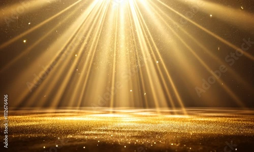 Ethereal golden light beams casting mystical patterns on glittering surface