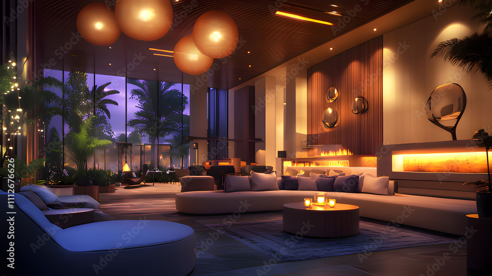 a hotel room with a large lounge area and a large lounge area with a large, round table and chairs. Generative AI a hotel room with a large lounge area and a large lounge area with a large, round table and chairs. Generative AI