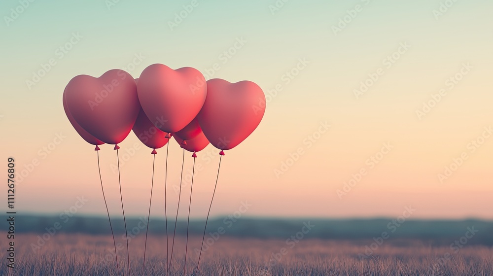 Fototapeta premium Heart-shaped balloons float against a pastel sky, creating a romantic and dreamy atmosphere in a serene landscape.