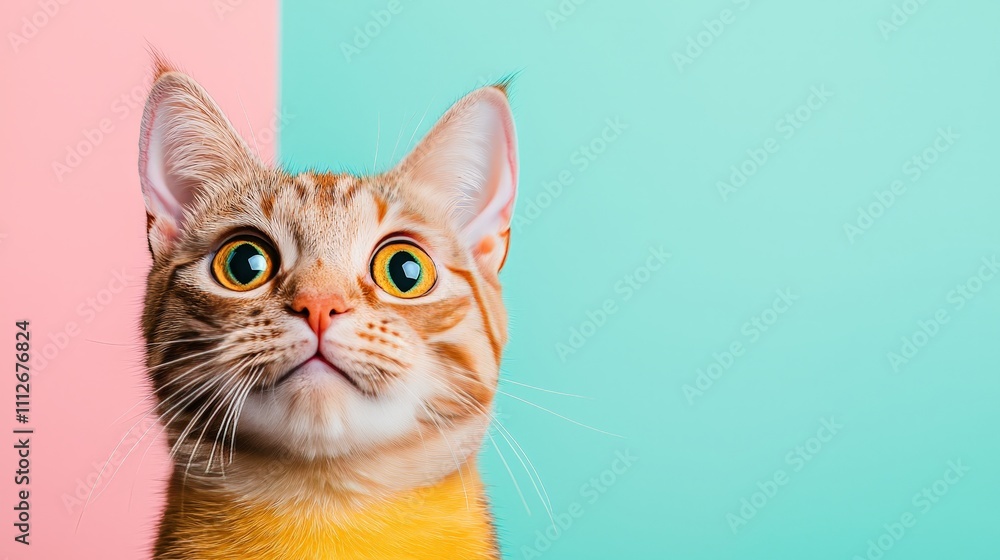 Curious ginger cat looking up against a pink and teal background. Curious ginger cat looking up against a pink and teal background.