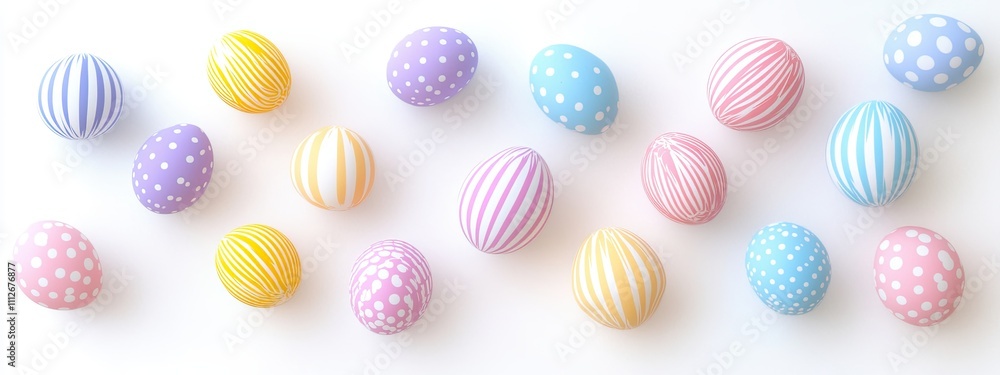 Colorful Easter eggs with striped and polka dot patterns isolated on a solid background. Banner, greeting card, wallpaper, background Colorful Easter eggs with striped and polka dot patterns isolated on a solid background. Banner, greeting card, wallpaper, background