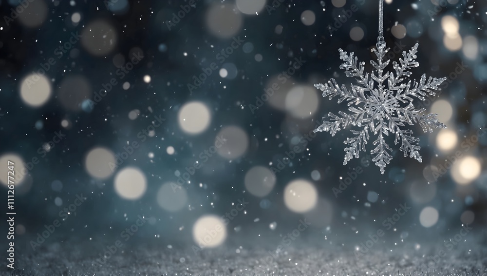 A silver snowflake ornament hangs against a dark background with blurry lights and shimmering snowflakes.
A silver snowflake ornament hangs against a dark background with blurry lights and shimmering snowflakes.