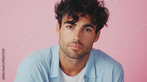 Stylish portrait of a man with black hair and subtle stubble, dressed in a blue shirt and white t-shirt, photographed against a vibrant pink background