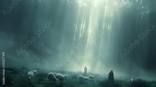 Wallpaper Mural A serene meadow shrouded in mist, shepherds watching in awe as radiant celestial beams of light descend from a star-filled sky, grazing sheep glowing softly under the divine display, Torontodigital.ca