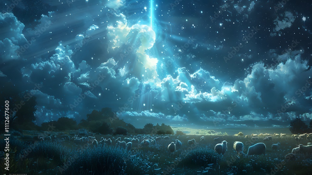 Obraz premium A serene meadow under a starry night sky, a glowing angel descending gently, beams of radiant light illuminating a flock of sheep grazing peacefully,