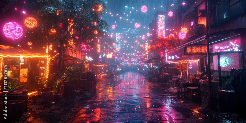 Fototapeta premium Cyberpunk Night Market, vibrant neon lights illuminate bustling stalls, glowing rain adds a surreal atmosphere, cityscape teems with energy