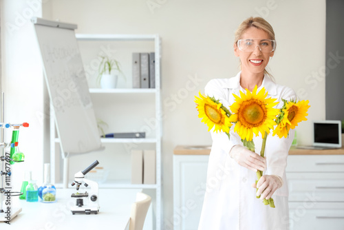 Happy female scientist with...