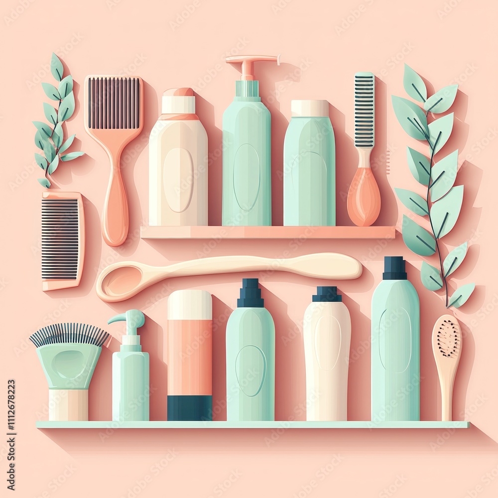 Stylish and Modern Display of Haircare and Skincare Products with Decorative Elements in Soft Pastel Colors on a Light Background Stylish and Modern Display of Haircare and Skincare Products with Decorative Elements in Soft Pastel Colors on a Light Background