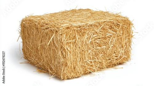 A single square compressed straw bale with tightly bound edges, isolated on a plain white background for rural themes.