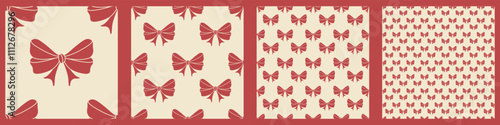 Set of seamless patterns of red bows on a light background. Various designs in vector.