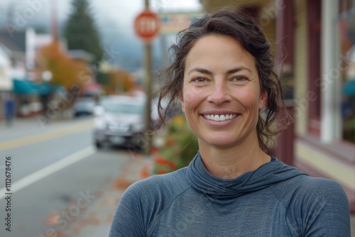 Portrait of a glad woman in her 40s showing off a lightweight base layer isolated on charming small town main street