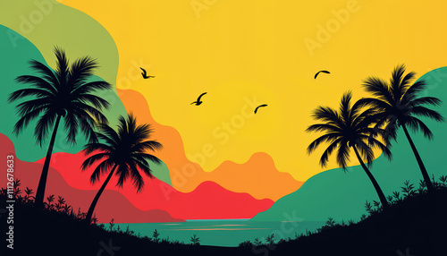 Evocative silhouette of palm trees against a vivid yellow and red background that symbolizes the flag of Cameroon, embodying themes of independence and peaceful beauty.