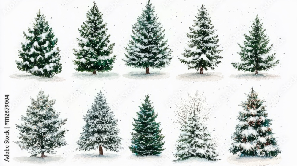 Obraz premium Collection of christmas Trees with Snow on white background