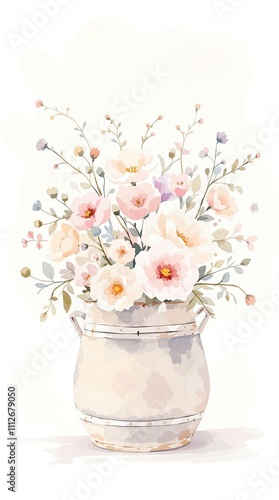 Charming watercolor floral display in a vintage wooden container, floral display, wooden container photo