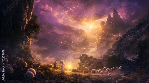 A tranquil night scene with an angel glowing above a group of shepherds, light streaming down on children playing around the sheepfold, soft mist blending with purple and golden hues, photo