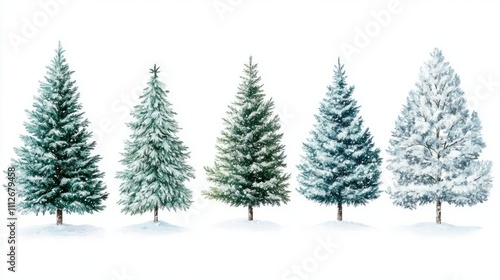 Collection of christmas Trees with Snow on white background