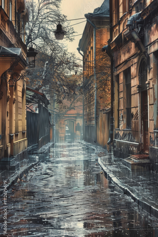 Fototapeta premium rain in the city rainy weather wet city streets Generative AI