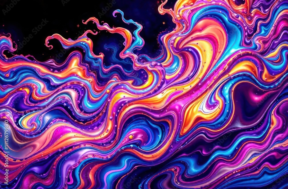 Fototapeta premium illustration of vibrant swirling shapes and wavy lines of liquid colorful paint in motion with glowing multicolor effect on dark backdrop. dynamic abstract artistic background, poster