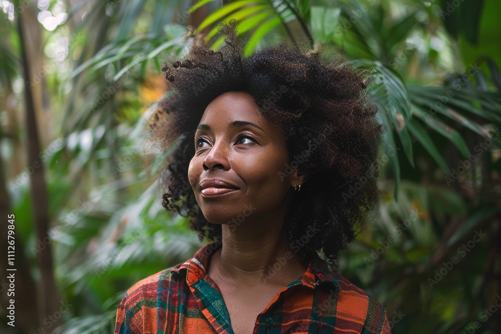 Portrait of a glad afro-american woman in her 30s dressed in a relaxed flannel shirt on lush tropical rainforest Portrait of a glad afro-american woman in her 30s dressed in a relaxed flannel shirt on lush tropical rainforest