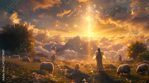 An angel glowing like a star in a sky filled with cosmic light, shepherds standing in reverence amidst a serene sheepfold, misty clouds softly blending with the golden beams of divine light, photo