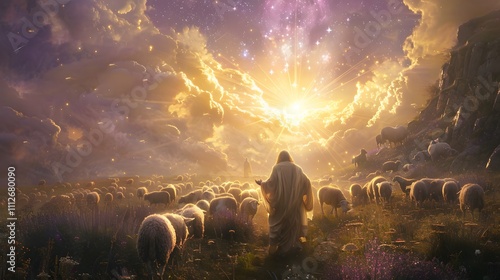 An angel glowing with divine light, hands raised as golden beams illuminate shepherds in a peaceful meadow, mist curling gently around grazing sheep, purple-tinted clouds blending with the starry sky, photo