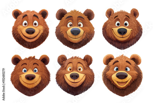 Cartoon bear heads. Cute grizzly smiling avatars, brown fluffy animal forest creature wild character funny portraits, vector isolated illustration