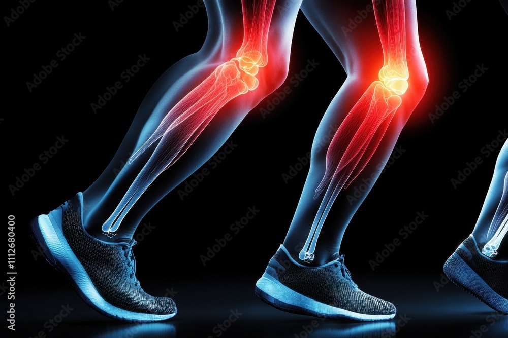 Close-up of a male leg highlighting knee joint pain in an anatomical illustration. Close-up of a male leg highlighting knee joint pain in an anatomical illustration.