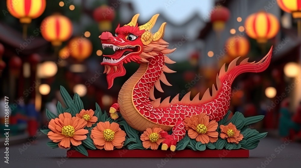 Fototapeta premium Festive Chinese Dragon Statue with Flowers Lanterns Asian Culture