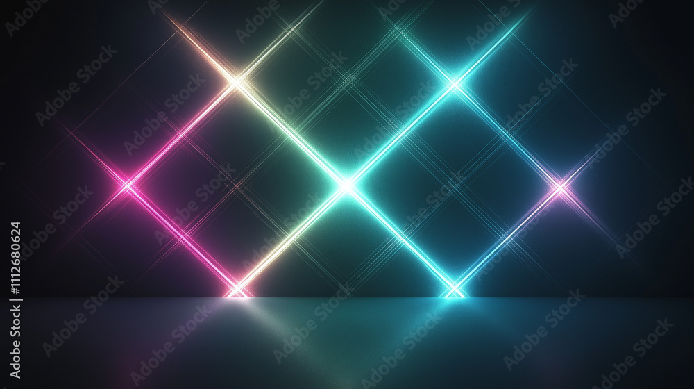 Neon Diamond Grid with Glowing Lines and Reflective Surface Neon Diamond Grid with Glowing Lines and Reflective Surface