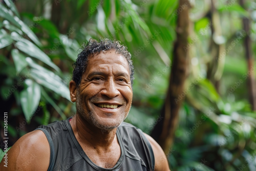 Portrait of a joyful man in his 40s sporting a breathable mesh jersey in lush tropical rainforest Portrait of a joyful man in his 40s sporting a breathable mesh jersey in lush tropical rainforest