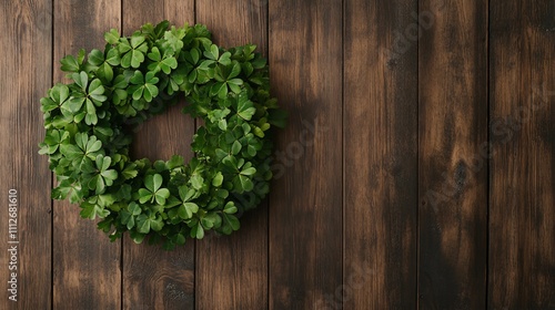 St Patrick's day shamrock wreath on rustic wooden background. Fresh green clover circle decoration for irish holiday celebration. Natural festive decor with copy space photo