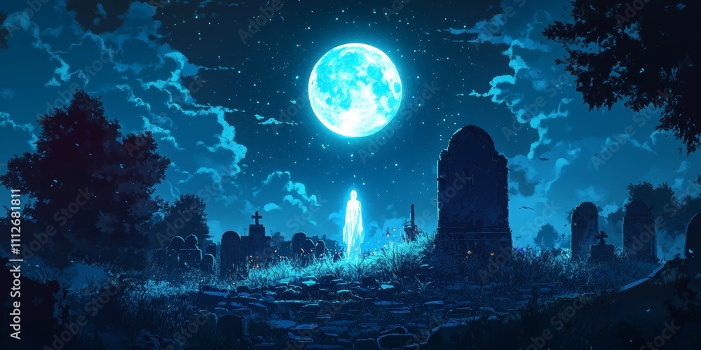 Ethereal Guardian in Moonlit Graveyard, a vibrant spirit glows above dark tombstones, enchanting anime-inspired digital artwork Ethereal Guardian in Moonlit Graveyard, a vibrant spirit glows above dark tombstones, enchanting anime-inspired digital artwork