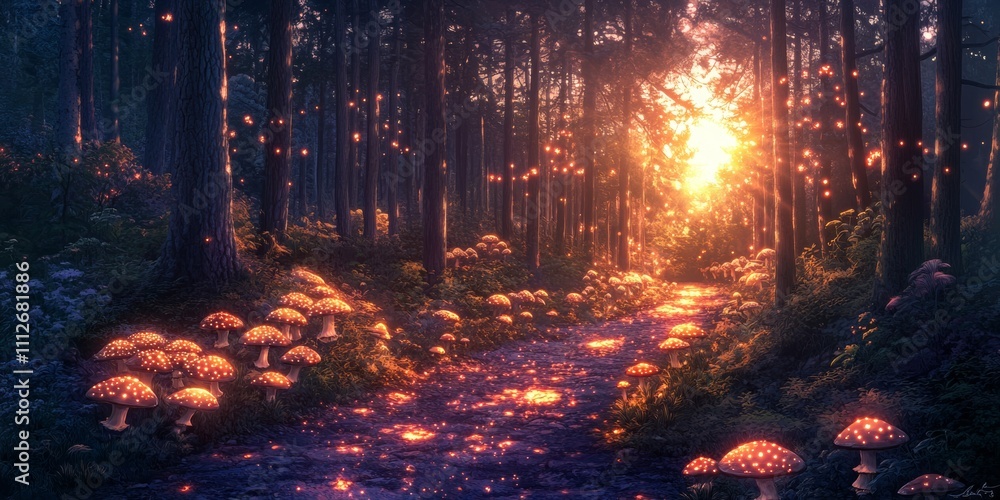 Luminous Star on Enchanted Forest Path, glowing mushrooms casting ethereal light, whimsical digital illustration in vibrant anime style Luminous Star on Enchanted Forest Path, glowing mushrooms casting ethereal light, whimsical digital illustration in vibrant anime style