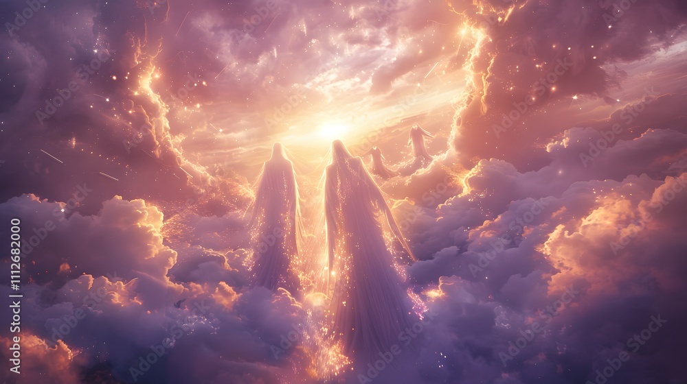 Angelic figures glowing gently in a mystical purple sky, golden light cascading through the mist and clouds, stars twinkling softly above, Angelic figures glowing gently in a mystical purple sky, golden light cascading through the mist and clouds, stars twinkling softly above,