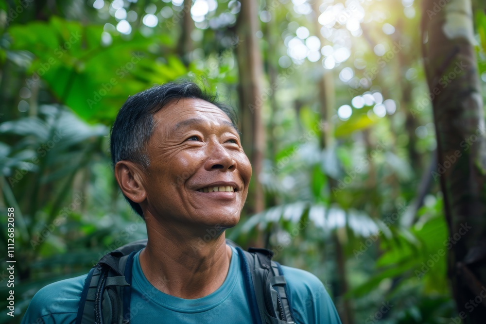 Portrait of a joyful asian man in his 40s sporting a breathable hiking shirt while standing against lush tropical rainforest Portrait of a joyful asian man in his 40s sporting a breathable hiking shirt while standing against lush tropical rainforest