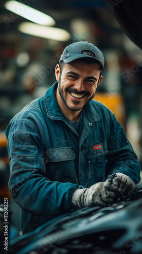 Smiling mechanic repairing car engine in auto repair shop