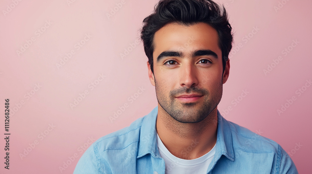 Stylish portrait of a man with black hair and subtle stubble, dressed in a blue shirt and white t-shirt, photographed against a vibrant pink background Stylish portrait of a man with black hair and subtle stubble, dressed in a blue shirt and white t-shirt, photographed against a vibrant pink background