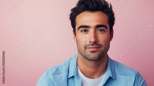 Stylish portrait of a man with black hair and subtle stubble, dressed in a blue shirt and white t-shirt, photographed against a vibrant pink background